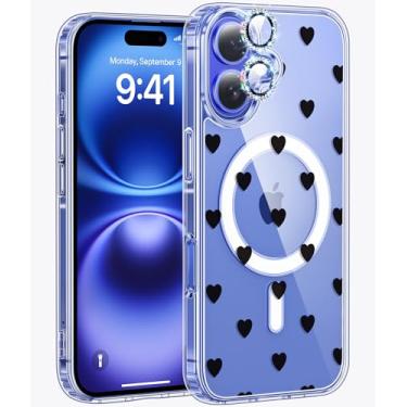 Imagem de Jkvare Capa para iPhone 16 compatível com MagSafe, [protetor de lente de câmera Diamond Bling], capa protetora magnética sem fio com padrão estético cristalino para mulheres e meninas - corações de