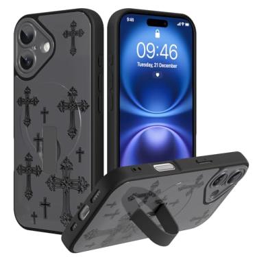Imagem de PIGLULOO Capa magnética para celular feita para iPhone 16, compatível com MagSafe, suporte de alça, design estético gótico cruz cristã, capa de silicone fina para meninas mulheres homens - preta