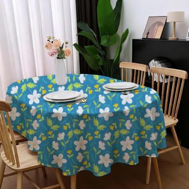 Imagem de Amonsa Toalha de mesa oval azul claro primavera 137 x 183 cm flores brancas cozinha toalha de mesa de jantar para 4-6 lugares tecido de poliéster lavável folhas verdes sálvia capa de mesa festa