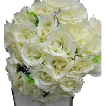 Imagem de Buquê de Rosas Artificiais com Folhagem C/24 Flores – Arranjo Decorativo Realista para Casa, Festa e Presente(Marfim -3916/4581)