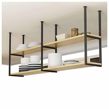 Imagem de Prateleira flutuante industrial rústica de 2 camadas - Rack de armazenamento de parede de madeira para garagem e cozinha, prateleiras de metal elegantes para decoração de casa e organização