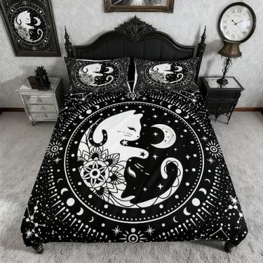 Imagem de Jogo de lençol Queen com estampa gótica de gatos tai chi, constelação de galáxia estrelada gótica, 3 peças, para decoração de quarto de crianças e adolescentes, animais de estimação, planta, flor