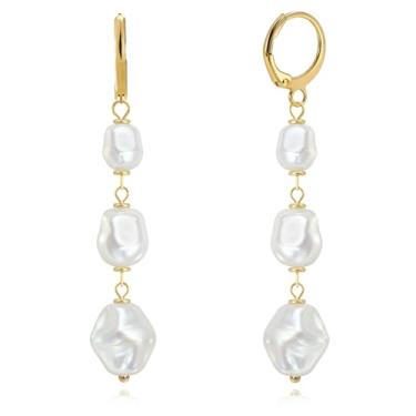 Imagem de Brincos femininos de pérolas douradas, banhado a ouro 18 quilates, brincos de pérola com pingente de pérola, concha costeira tripla irregular, presentes de joias de praia, Pérola, Sem pedra preciosa