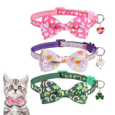 Imagem de KOOLTAIL Coleiras para gatos de Dia dos Namorados, Breakaway com gravata borboleta e sinos, pacote com 3 fivelas de segurança ajustáveis, colar de gatinho para meninas e meninos, pingente de animal de