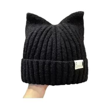 Imagem de Gorro Feminino Quentinho De Tricô Com Orelhas De Gato Fofas Para Outon