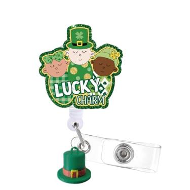 Imagem de Tian Zhun Carretel de crachá de dia de São Patrício com pingente de amuleto da sorte retrátil com clipe jacaré, pingente de trevo, acessório de crachá de acrílico para enfermeiras e pediatria médica