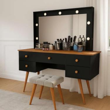 Imagem de Penteadeira Camarim Com Banqueta Com Led Espelho Resistente Moderna Decorativa Madeira MDF Maquiagem (Preto)