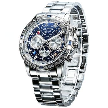 Imagem de Glenaw Relógios automáticos masculinos - Relógio mecânico masculino com mostrador giratório com estrela celestial, mostrador diurno e fase da lua, relógio de corda automática, ponteiros luminosos