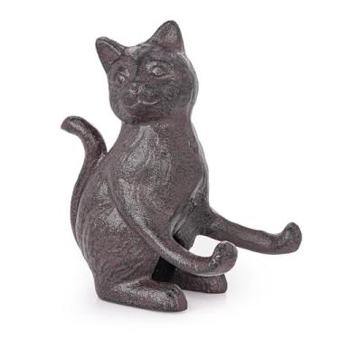Imagem de Sungmor Estátua vintage de gato de ferro fundido, adorável escultura em estante ou mesa, suporte para celular, batente de porta e suporte de livros para decoração de escritório e casa, marrom rústico