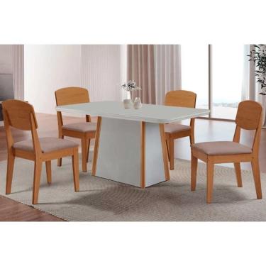 Imagem de Conjunto: Mesa de Cozinha Tilia c/ Tampo Madeirado c/ Vidro Canto Curvo 120x80cm e 4 Cadeiras Havana Naturale/Off White - Linho Capuccino - Rufato