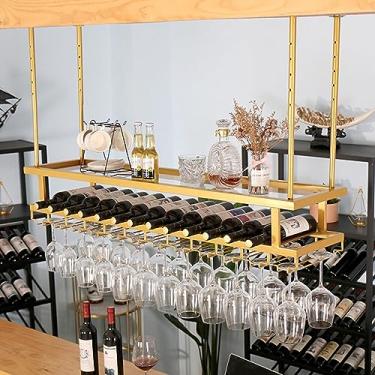 Imagem de Suporte de garrafa de parede, suporte de vidro de vinho de teto dourado, organizador de copo de vinho de metal, largura/altura ajustável, grande espaço de armazenamento, economia de espaço, para