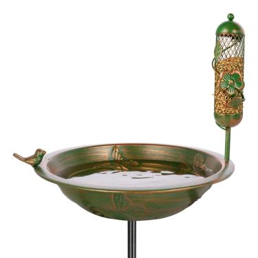 Imagem de VEWOGARDEN Estaca de metal para banho de pássaros de 128 cm com alimentador de pássaros, banheira de pássaros de jardim ao ar livre para pátio externo, quintal, decoração de gramado