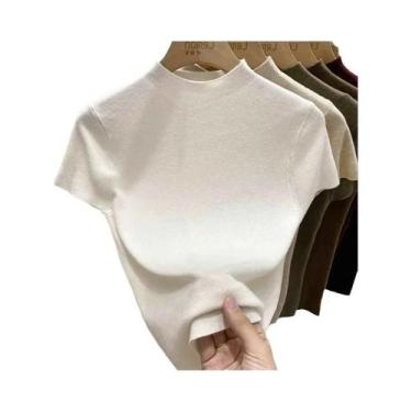 Imagem de Suéter Feminino Slim Fit De Manga Curta Em Tricô, Básico Para Camadas,