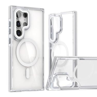 Imagem de LYJSMGZ Capa magnética para Samsung Galaxy S25 Ultra/S25 Plus/S25, moldura de lente, suporte oculto, proteção contra quedas, capa de cristal antiamarelamento, branca, S25