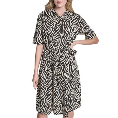 Imagem de DKNY Vestido feminino de popeline de algodão com gola 3/4 manga 3/4, preto/branco, 2