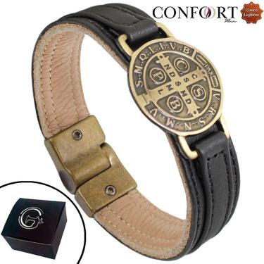 Imagem de Pulseira de Couro Preto Bento com Fecho de Imã Magnético Ouro Velho-Unissex