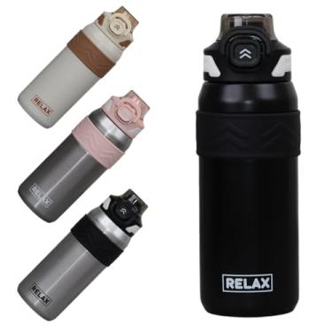 Imagem de Garrafa Térmica Inox 600ml com Canudo e Trava para Água Café, Tampa Flip 2 em 1, Alça de Transporte, Antivazamento, Trabalho Escola Dia a Dia Fundo Emborrachado (Preto)