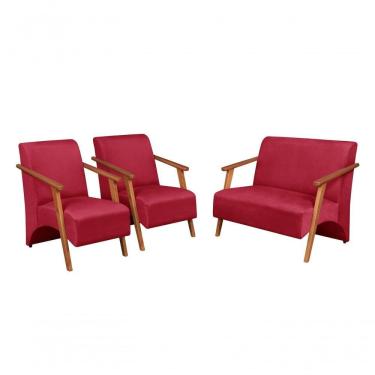 Imagem de Conjunto Venus Braços Em Madeira Maciça 1 Namoradeira 2 Poltronas Suede Unidecor Vermelho