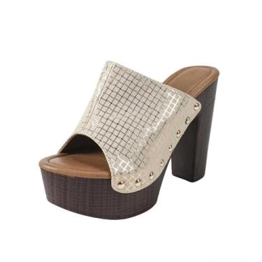 Imagem de Sandálias femininas de salto plataforma xadrez peep toe salto grosso, deslizante grosso, deslizante com rebites, casual, férias diárias, Damasco, 40