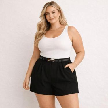 Imagem de Short Alfaiataria Plus Size Feminino Viscolinho Cintura Alta Com Zíper