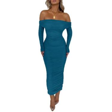 Imagem de Vestido PRETTYGARDEN Ombro a Ombro Maxi com Franzidos e Fenda Azul Lag