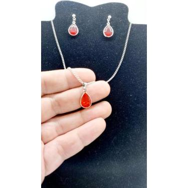 Imagem de Conjunto CHOKER Colar Brinco zircônia GOTA VERMELHO AÇO INOX - ASA