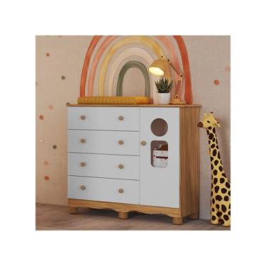 Imagem de Cômoda de Bebê 4 Gavetas Moveis Peroba Ninho, Branco e Amêndoa