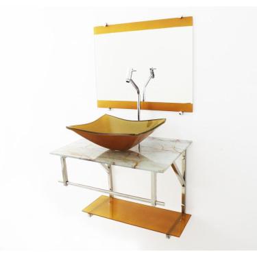 Imagem de Gabinete Vidro 60Cm Cuba Retangular Mármore Branco Dourado