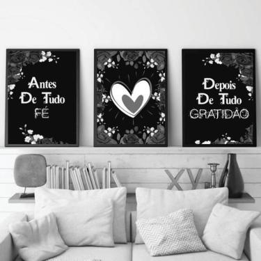 Imagem de Kit 3 Quadros Decorativos Fé E Gratidão Cinza 34x23cm