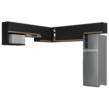 Imagem de Kit Armário Cozinha Modulada Aéreo Canto 230cm 6 Peças Veneza Multimóveis Mp2296 Preto-Dourado