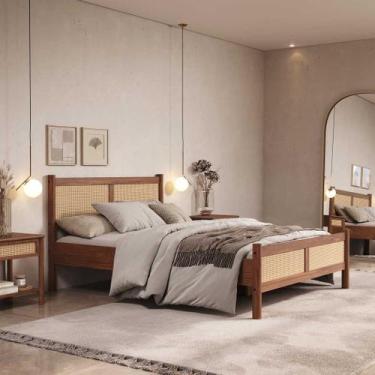 Imagem de Cama De Casal Madeira Maciça Com Rattan 140 x 190 cm Castanho Cefira -