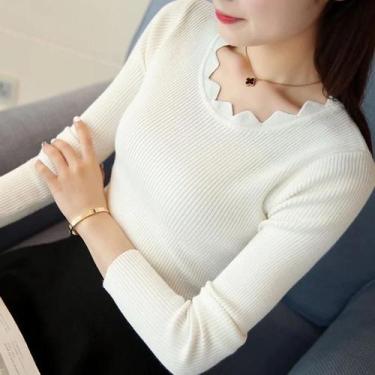 Imagem de Suéter Feminino Branco De Tricô Slim Fit Com Gola Borboleta Manga Long