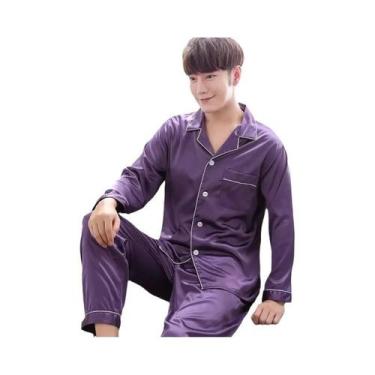 Imagem de Conjunto De Pijamas De Seda Satin plus Size Em Cor Sólida Com Botões P