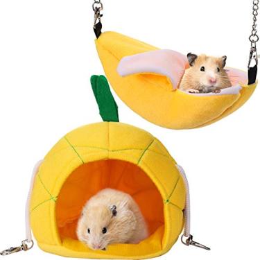 Imagem de Jetec 2 peças de rede macia Hamster House Bed pequenos animais de estimação Hamster Pendurado Casa gaiola Ninho para Porquinho da Índia Chinchila Dormir e Brincar (banana e abacaxi)