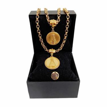 Imagem de Colar + Pulseira + Nossa Senhora Dourado Elo Português Grosso