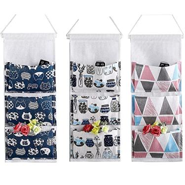 Imagem de Bolsa de armazenamento para pendurar no armário de parede, organizador KINGREE de tecido de linho premium sobre a porta, bolsas de armazenamento penduradas com 3 bolsos para banheiro do quarto - à prova d'água e elegante (gato/vaso/triângulo)