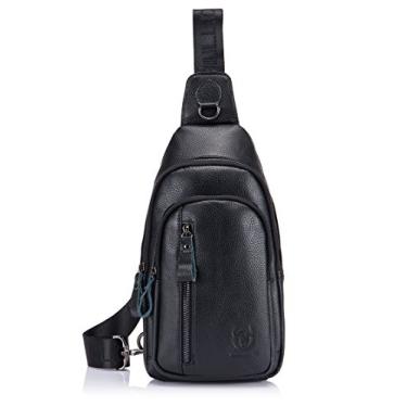 Imagem de BULLCAPTAIN Bolsa masculina de couro legítimo, bolsa tiracolo casual ao ar livre, Preto, Size: 18cm(7.09inch)x 7cm(2.8inch)x38cm(15inch)(Lx