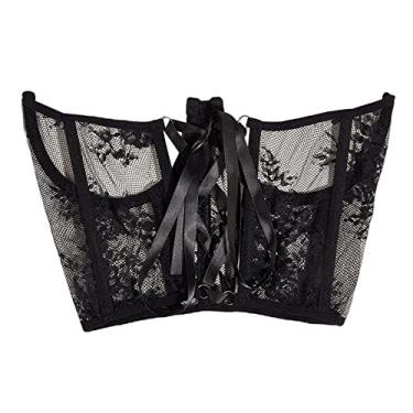 Imagem de oshhni espartilho de renda largo Espartilho com amarração nas Copo decorativo Ajustável com cadarço Espartilho Underbust, PRETO