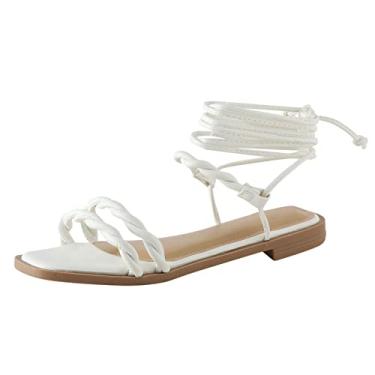 Imagem de Coerni Sapatos femininos sandálias rasteiras corda boêmia praia verão vento sandálias femininas para mulheres elegantes tamanho 12, Branco, 7.5