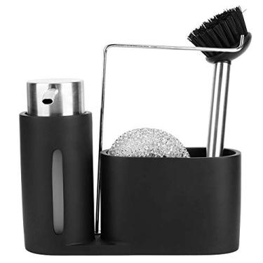Imagem de Suporte para dispensador de detergente, recipiente para dispensador de desinfetante para as mãos com placa de pia de cozinha, suporte para armazenamento com lã de aço, escova preta