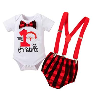 Imagem de Macaquinho com laço para bebês meninos com letras de desenho animado fofo manga curta laço body tops suspensório xadrez calças infantis, Vermelho, 0-6 Months