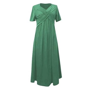 Imagem de UIFLQXX Vestido longo feminino plus size com decote em V, manga curta, cor sólida, vestido de verão de chiffon solto, Verde, M
