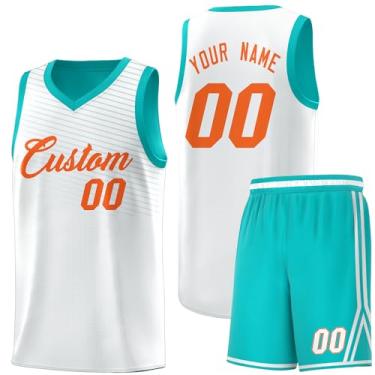 Imagem de Camiseta personalizada de basquete Jersey uniforme atlético hip hop impressão personalizada número de nome para homens jovens, Branco e laranja-50, One Size