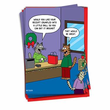 Imagem de Recibo amassado – 12 cartões de feliz Natal de gato em caixa com envelopes (4,63 x 6,75) - Desenho animado de gato de compras de varejo, cartões de feliz feriado - Cartão engraçado animal de estimação