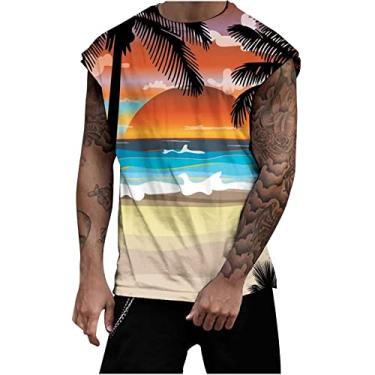 Imagem de Coletes masculinos gola redonda colete masculino treino atlético praia havaiana camiseta regata tropical verão outono 2024, F-496 Amarelo Mostarda, G