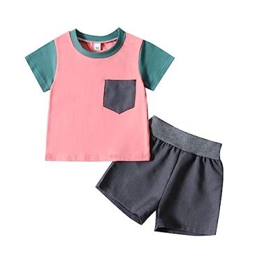 Imagem de Camiseta de manga curta com patchwork, para meninos, fantasia de bebê, shorts, roupas infantis para meninos 4 anos, Rosa, 9-12 Months