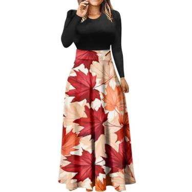 Imagem de Vestido feminino de manga longa solto com estampa de patchwork, vestidos maxi longos casuais 2023 roupas de outono plus vestidos com, Vinho, GG