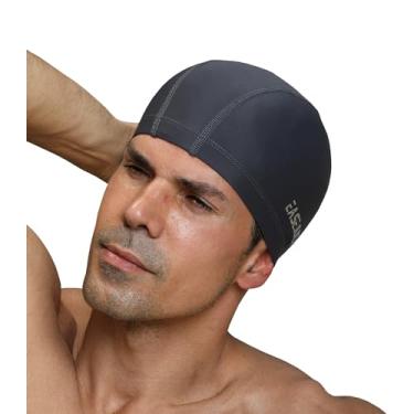 Imagem de Touca de natação masculina adulto tecido de nylon macio cabelo curto cor sólida chapéu de natação confortável respirável alta elasticidade (cinza)