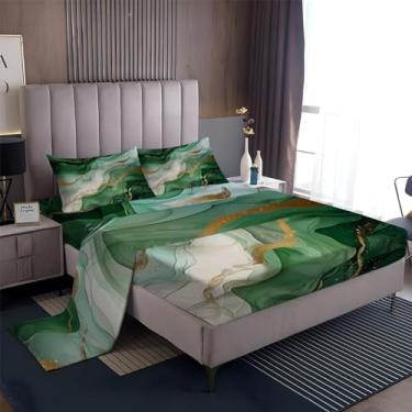 Imagem de Jogo de lençol casal de mármore geométrico listrado 4 peças lençol de cama verde microfibra macia respirável, lençol com elástico alto, lençol de hotel e fronha