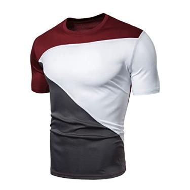 Imagem de Camiseta masculina gola redonda combinando cores de secagem rápida manga curta slim fit camiseta atlética, Vinho tinto, 3G